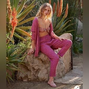 Free People Maiya Rib Knit Dusty Pink Boho Beach Pull On Drawstring Pants Medium